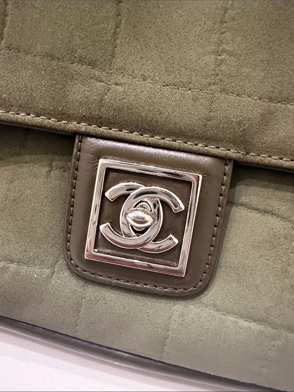 CHANEL Quilted Suede Shoulder Bag in Olive Green with Silver Hardware